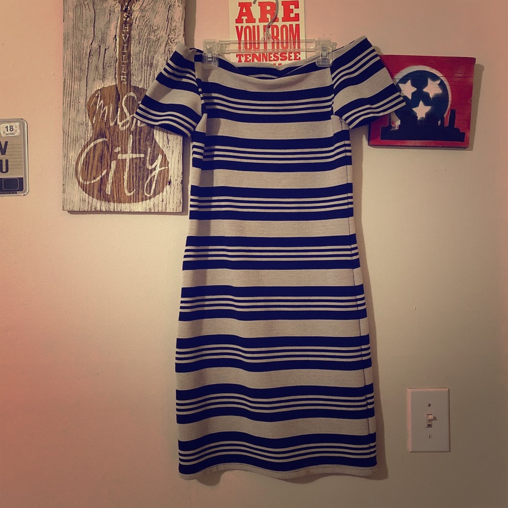 TOPSHOP Off-Shoulder Bandage Striped Dress